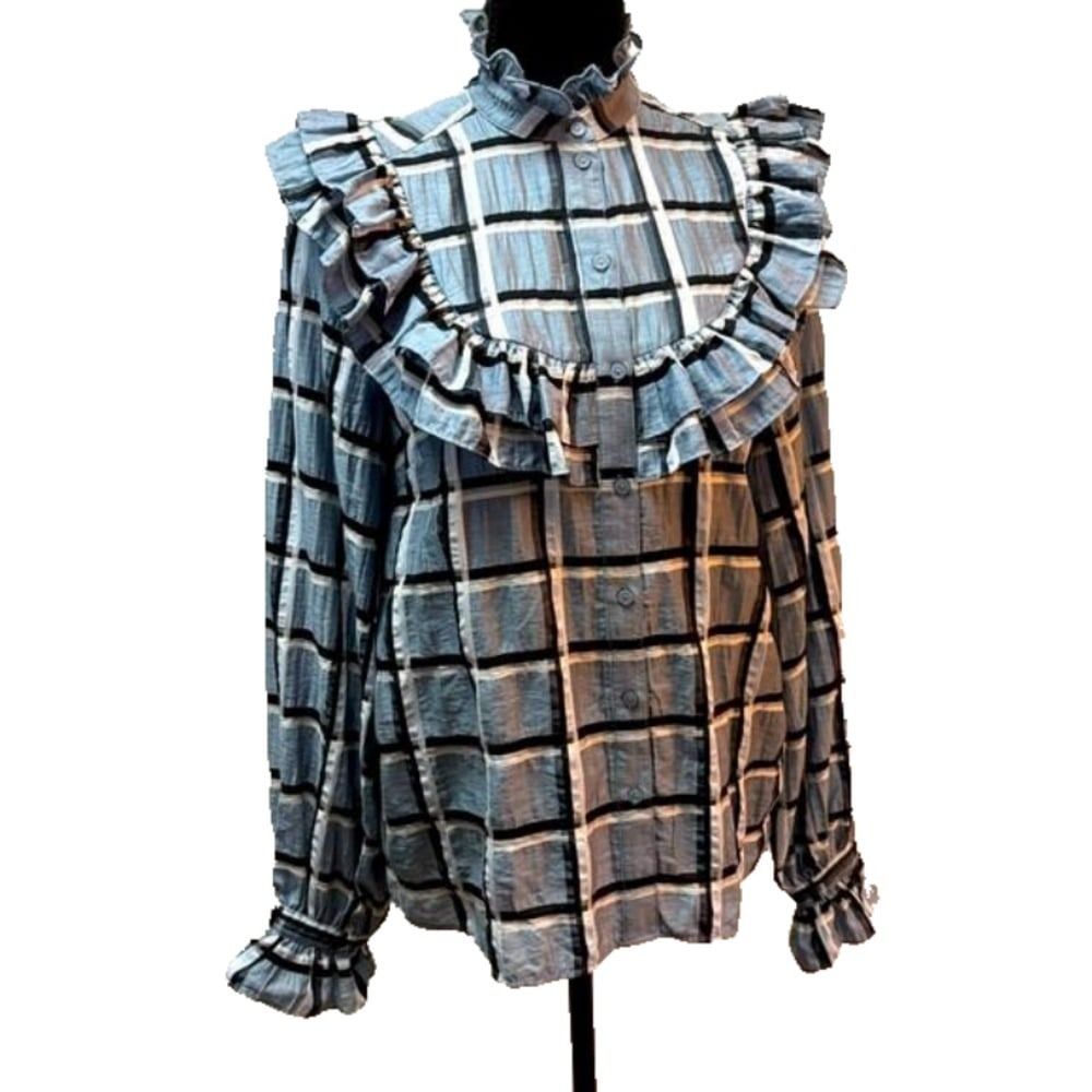 H&M Women's Blue White 
Checkered‎ Plaid Crinkle
Frill Blouse Size 4 NWOT